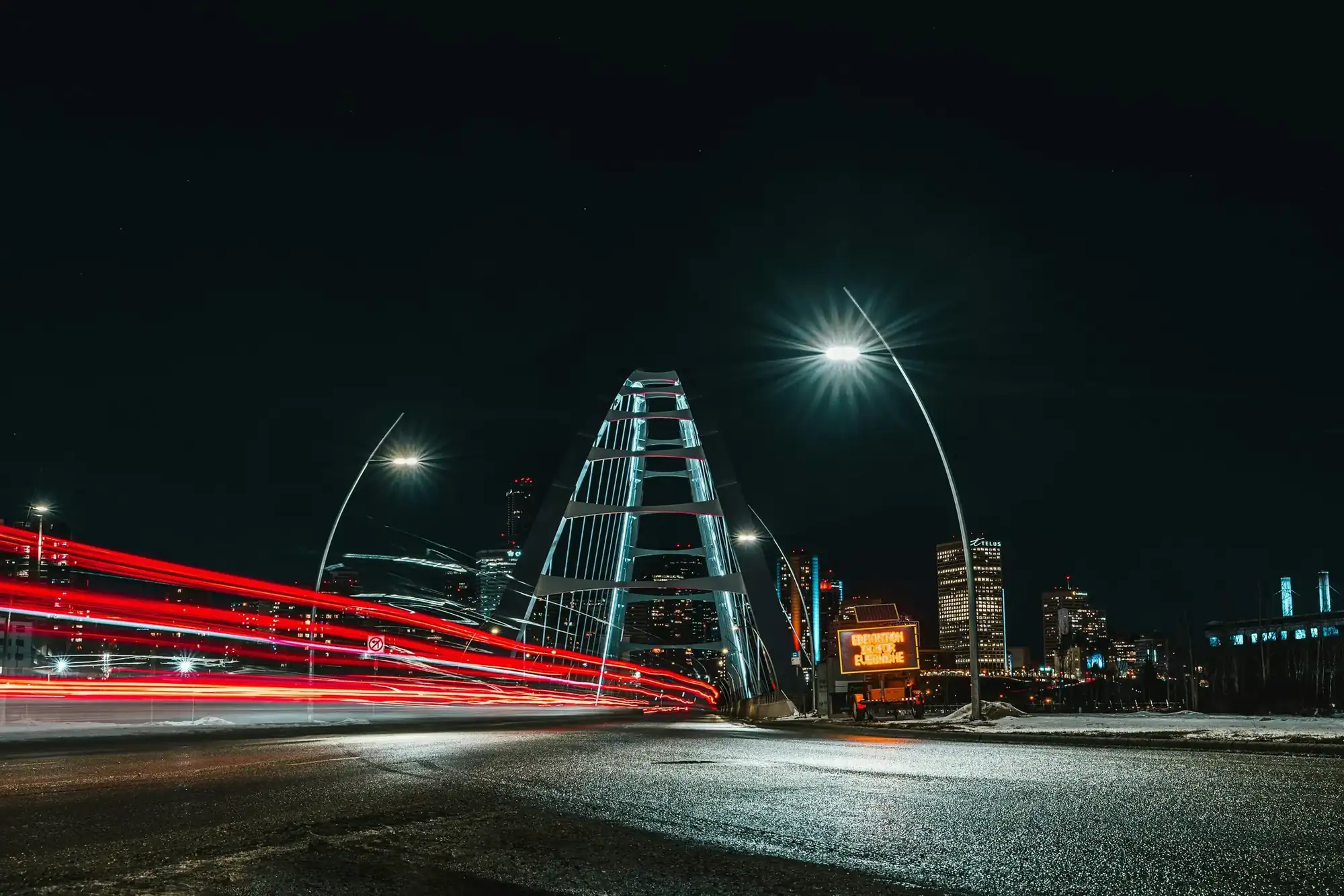 Edmonton's Walterdale Bridge and light trails at night