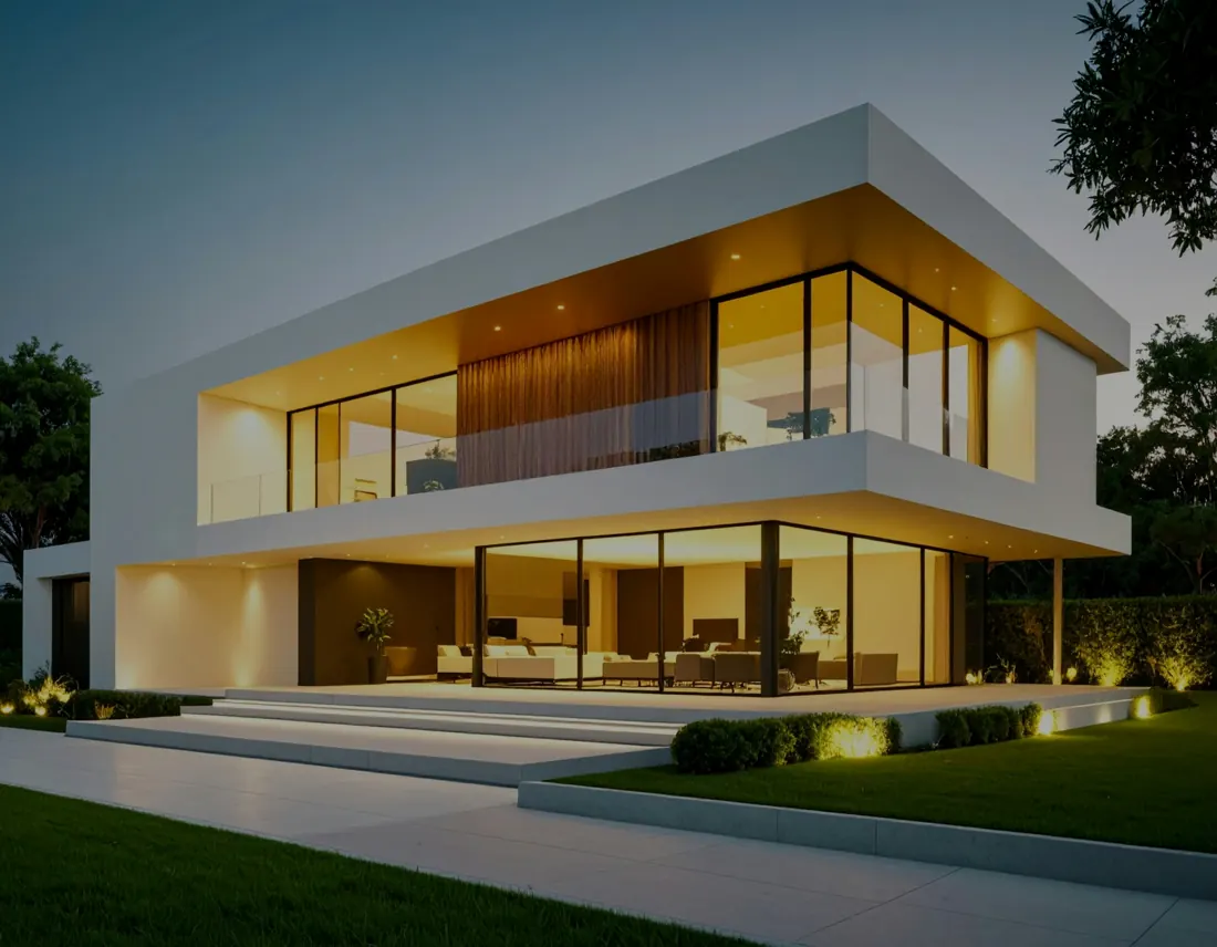 Finished modern house glowing with warm lights at dusk