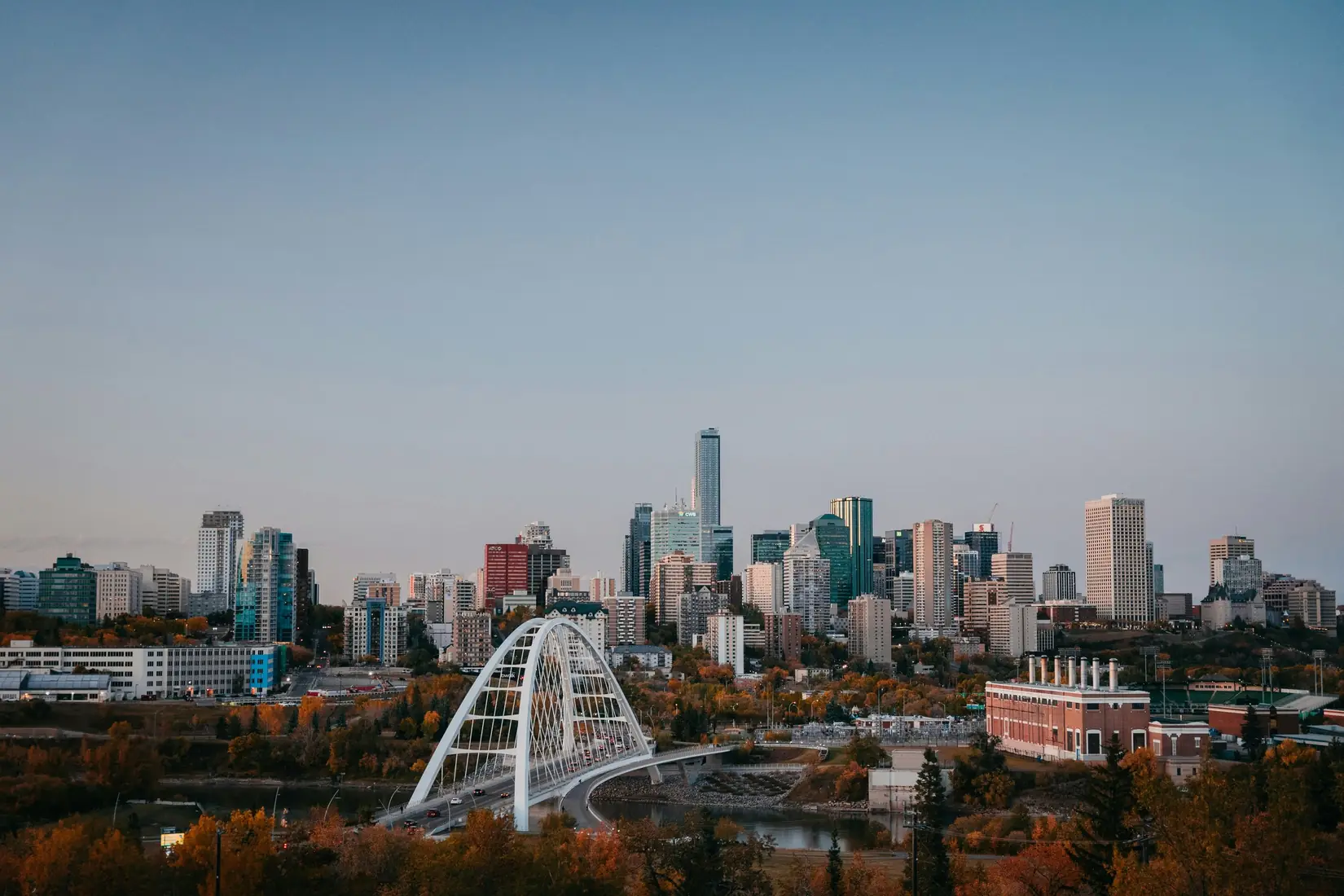 Edmonton's skyline and the Walterdale Bridge on a clear evening