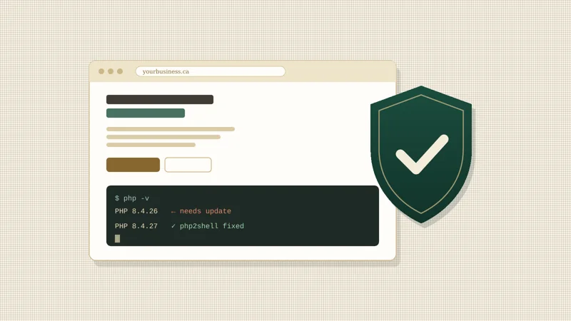Illustration of a website with a server console showing PHP 8.4.26 needing an update and PHP 8.4.27 fixed, next to a security shield